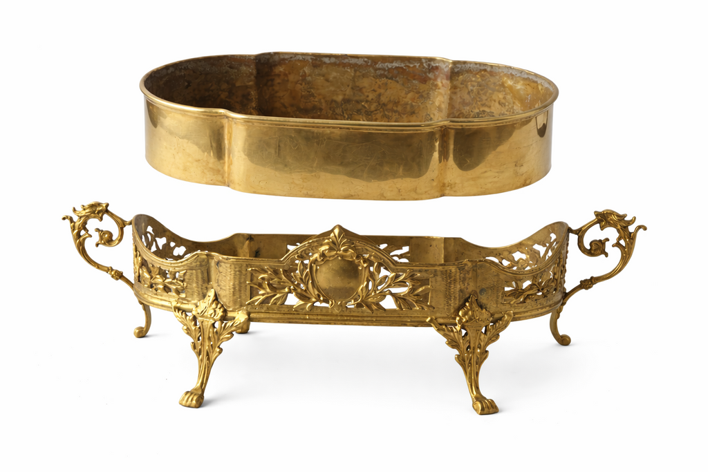 Antique French Dragon-Handle Brass Jardinière, Planter, Oval Footed Centrepiece.