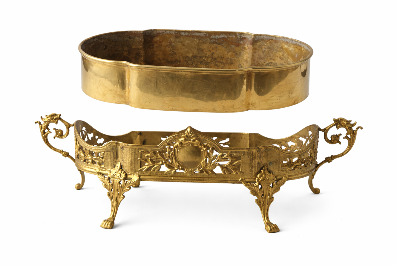 Antique French Dragon-Handle Brass Jardinière, Planter, Oval Footed Centrepiece.