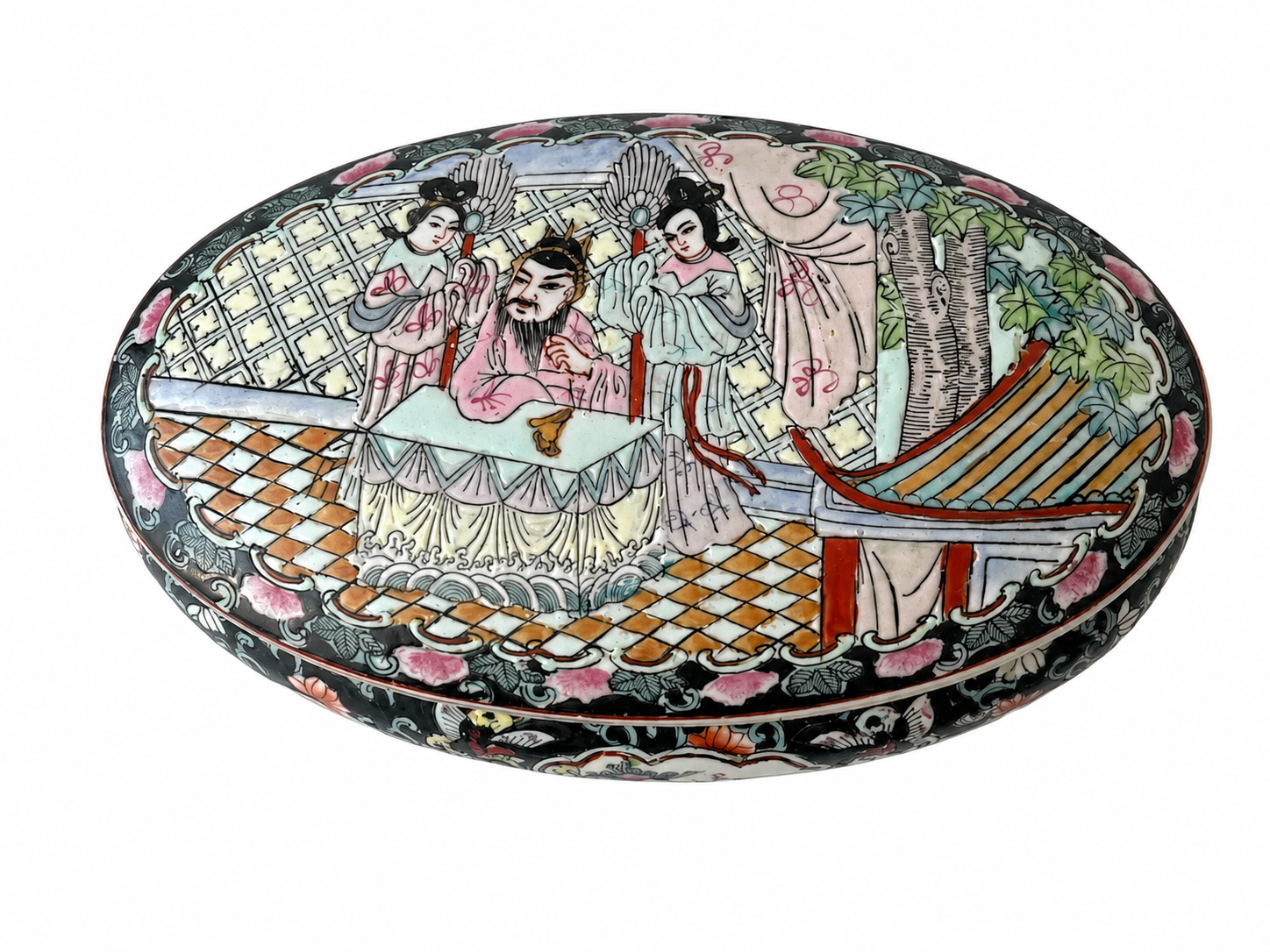 Large Vintage Chinese Porcelain Lidded Box, Hand Painted Famille Rose Court Scene, Marked Base, Jewelry Trinket Box