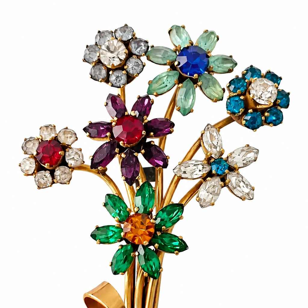 Art Deco Vintage Rhinestone Brooch – Floral Bouquet Pin with Trombone Clasp