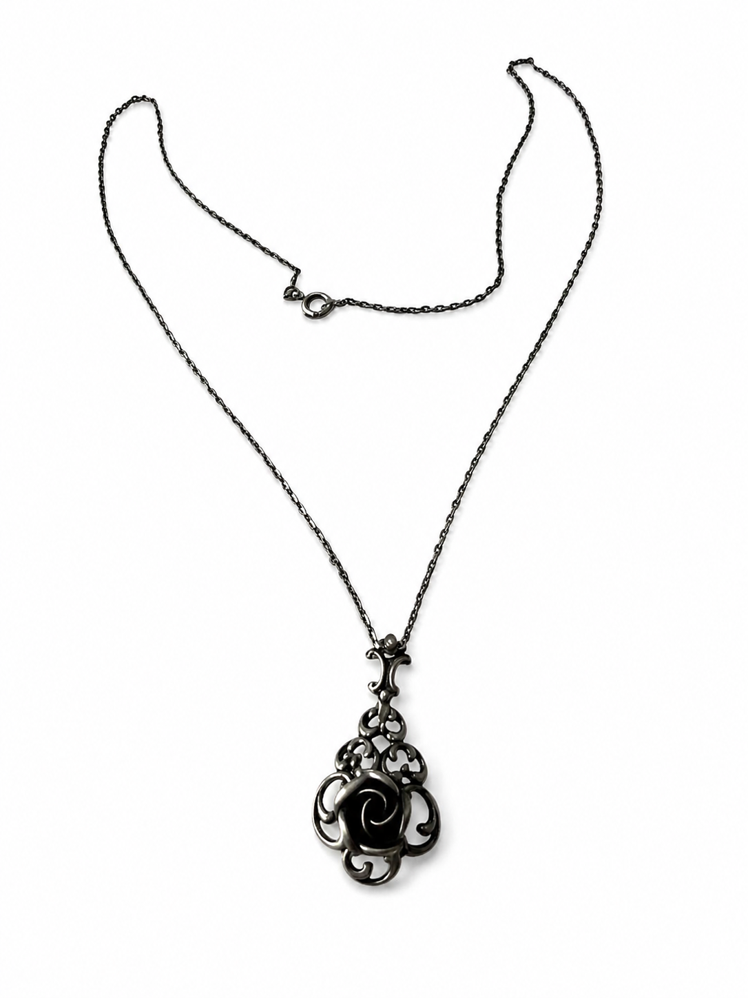 Vintage TEKA Sterling Silver Rose Pendant Necklace, Theodor Klotz German Floral Necklace