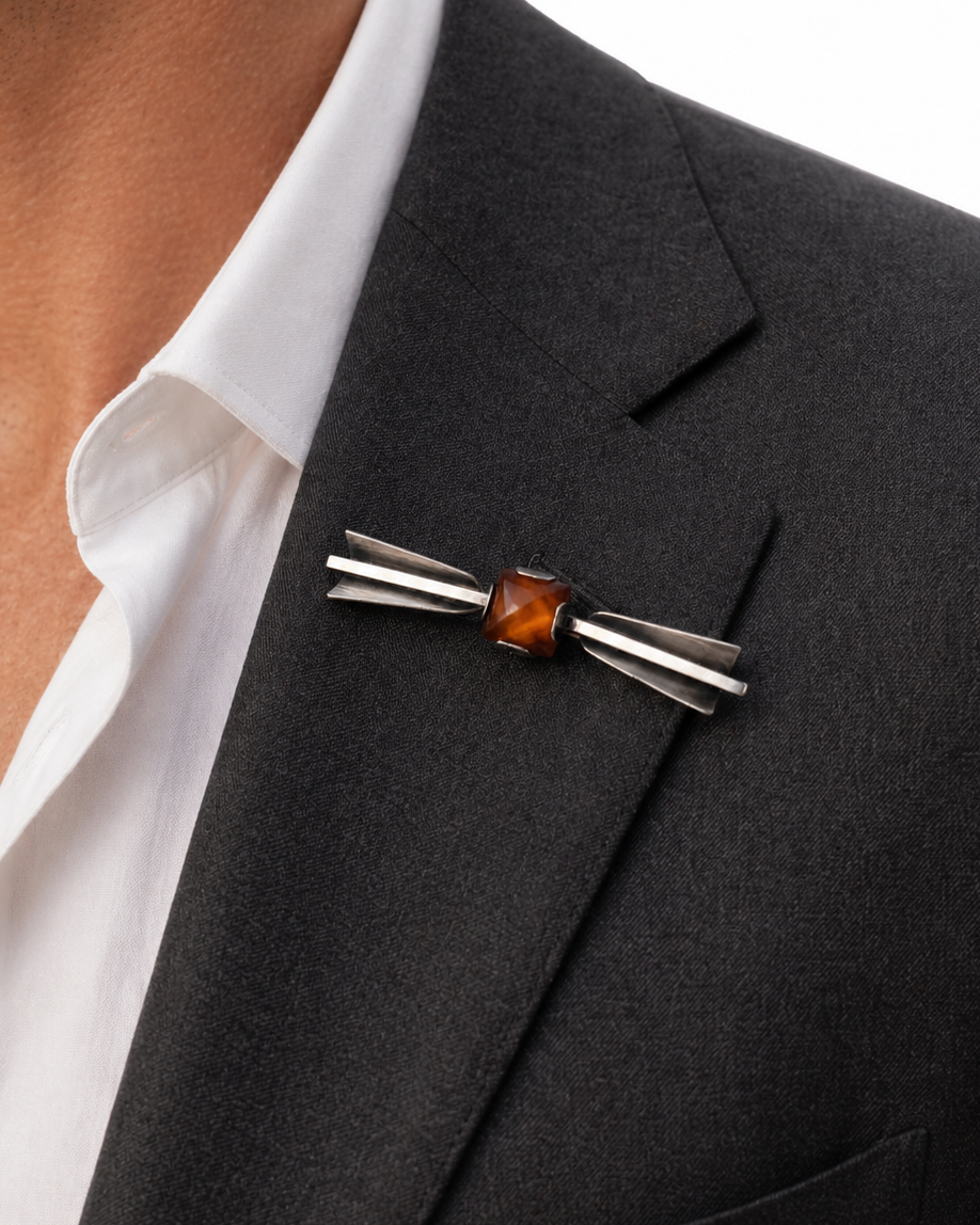 Vintage Silver Amber Bar Brooch Scandinavian Modernist Bow Pin