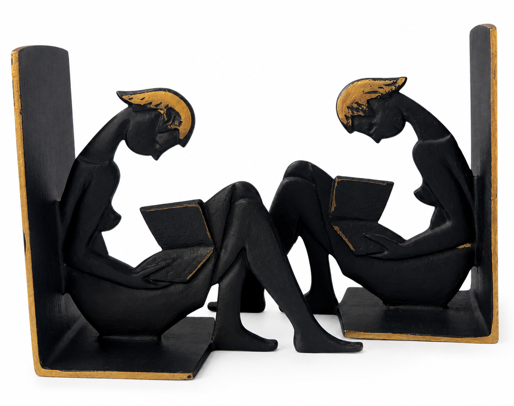 Vintage 1950s Brass Reading Girl Bookends, Black And Gold Mid Century Bookends