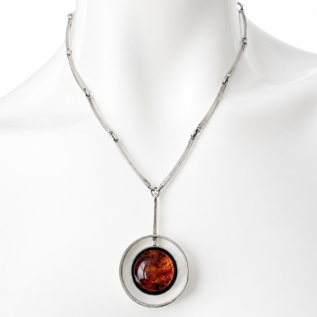 Niels Erik From Sterling Silver Amber Necklace, Danish Modernist Pendant, 925S Denmark