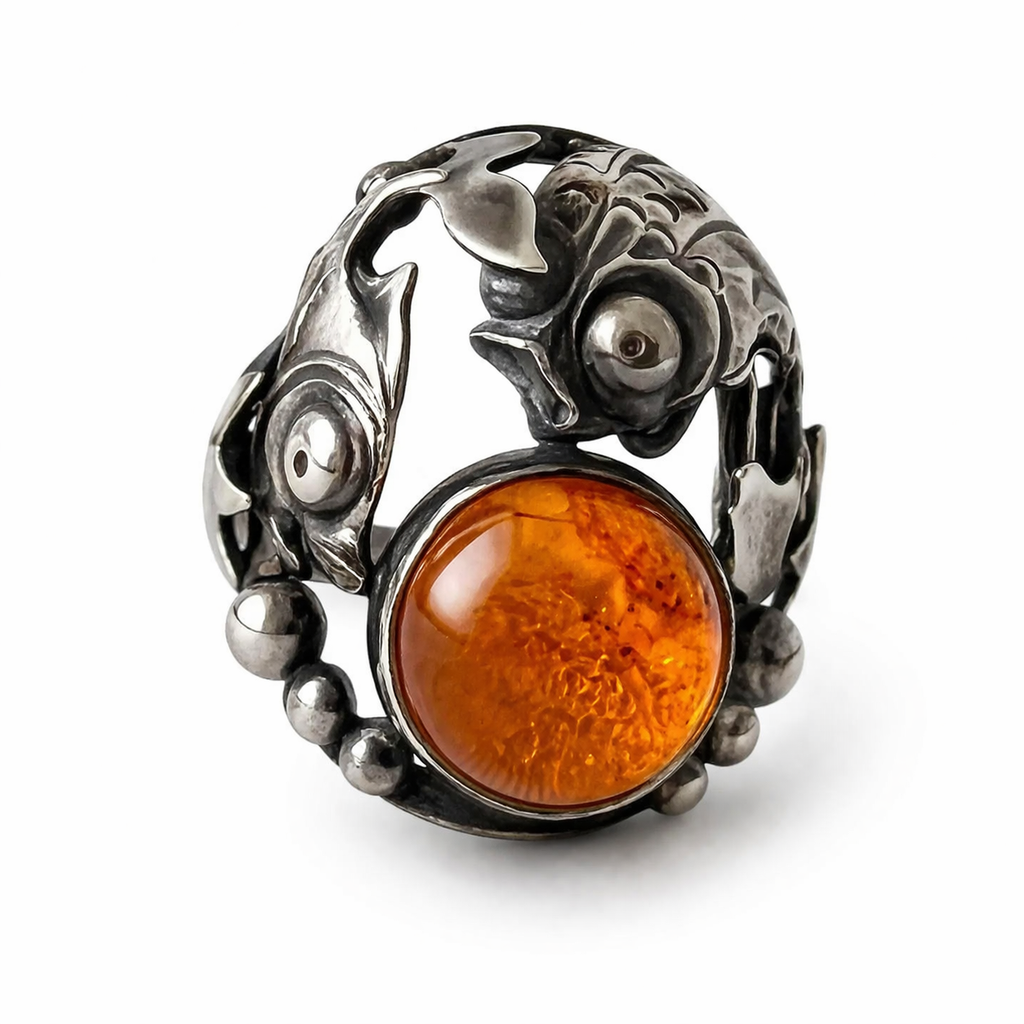 Niels Erik From Danish Sterling Silver Amber Ring Scandinavian Fish Design