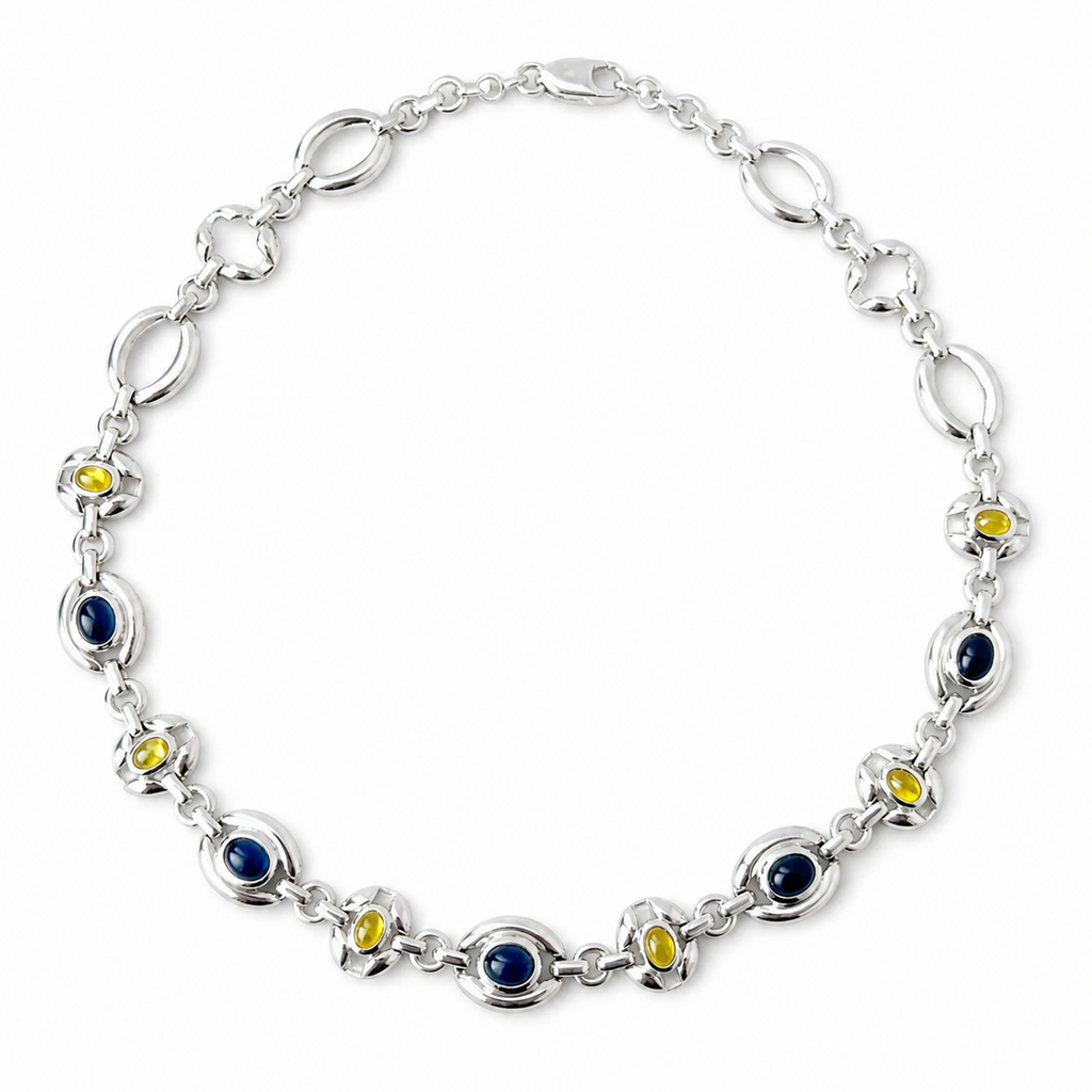 Vintage Italian Sterling Silver Necklace, Blue Yellow Glass Cabochons, 925 Modernist Link Chain