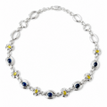 Vintage Italian Sterling Silver Necklace, Blue Yellow Glass Cabochons, 925 Modernist Link Chain