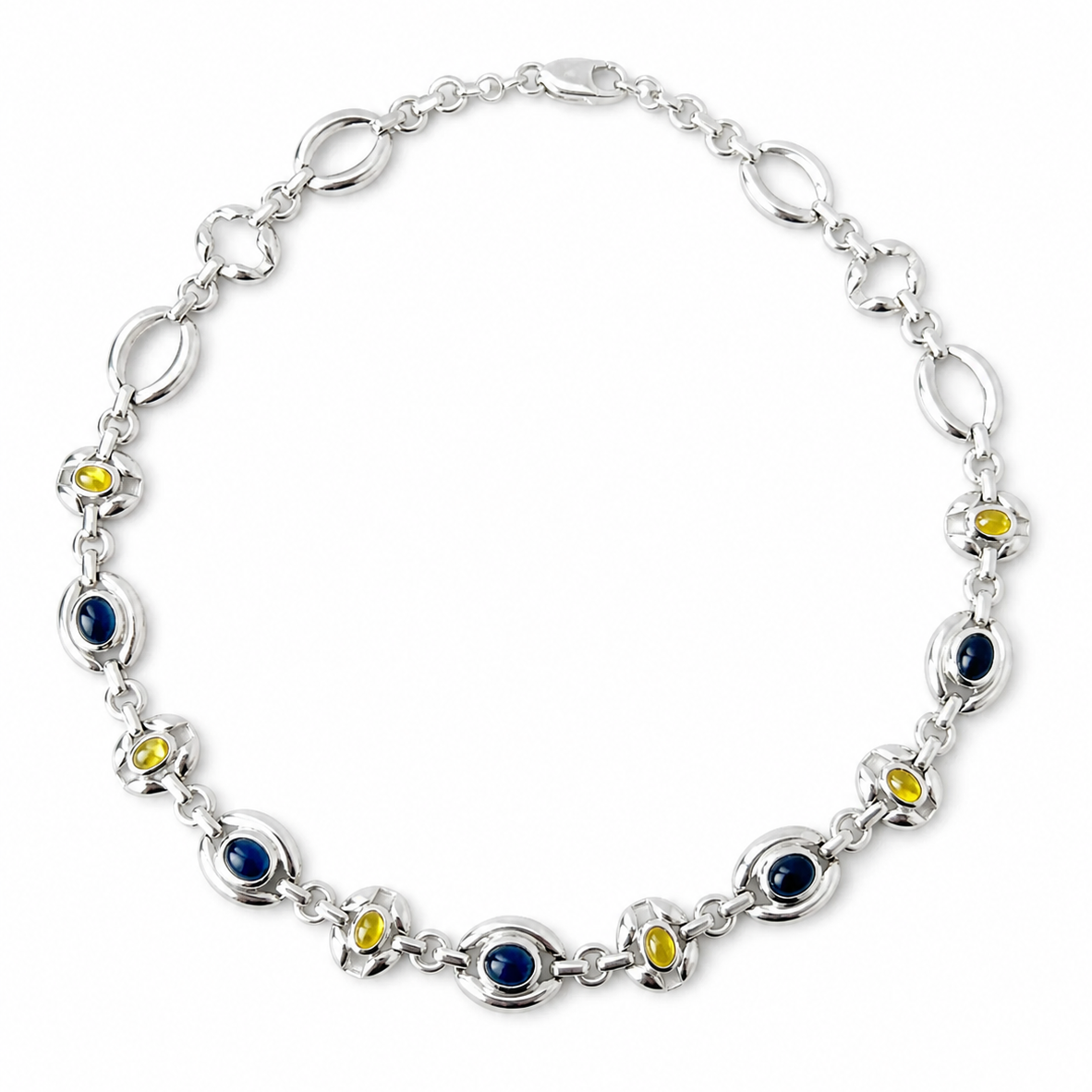 Vintage Italian Sterling Silver Necklace, Blue Yellow Glass Cabochons, 925 Modernist Link Chain