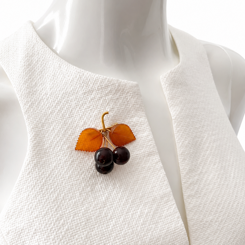Vintage Amber Cherry Brooch, Soviet Gold Plated Fruit Pin, 1980s USSR Jewellery