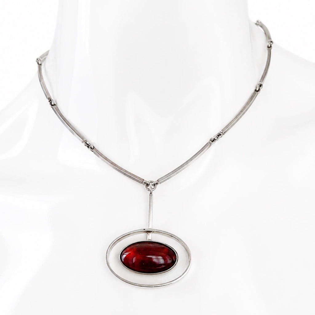 Niels Erik From Denmark Sterling Silver Amber Modernist Scndinavian Pendant Necklace