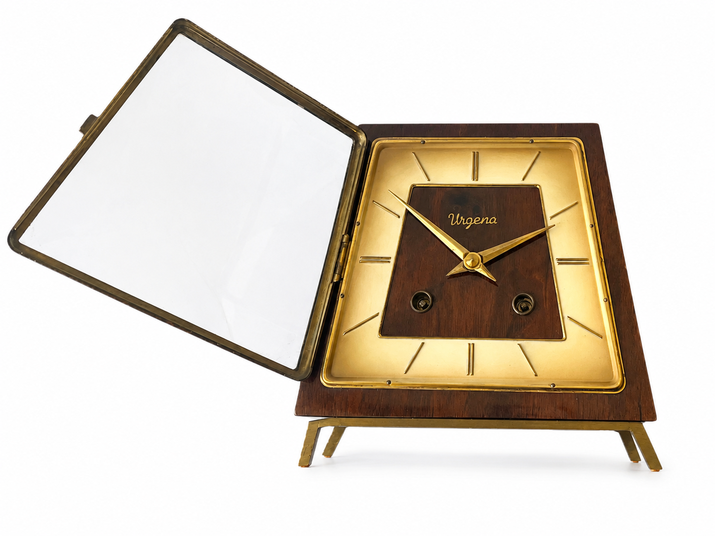 Vintage Urgena Kienzle Desk Clock, Wooden Brass Mid Century Mantel Clock