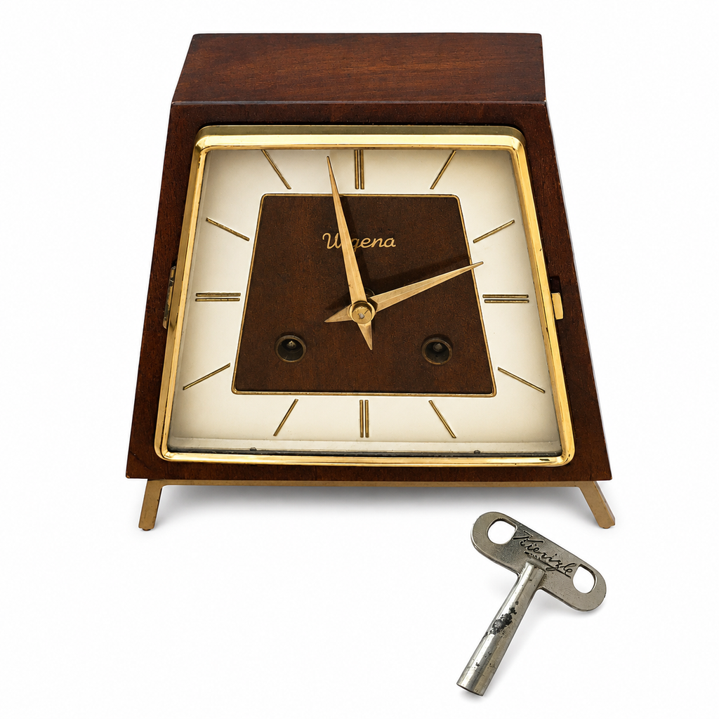 Vintage Urgena Kienzle Desk Clock, Wooden Brass Mid Century Mantel Clock