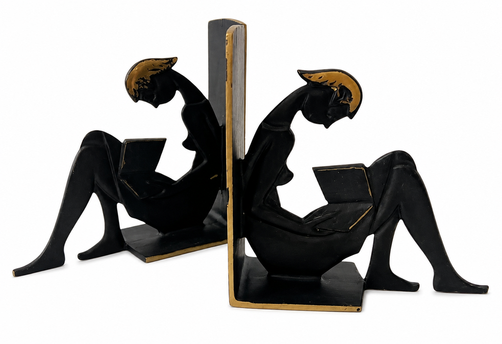 Vintage 1950s Brass Reading Girl Bookends, Black And Gold Mid Century Bookends