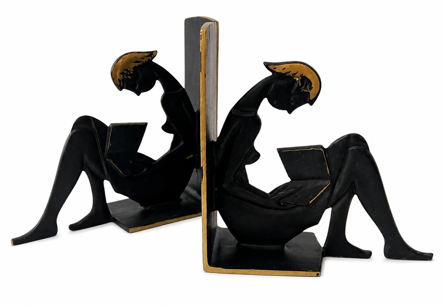 Vintage 1950s Brass Reading Girl Bookends, Black And Gold Mid Century Bookends