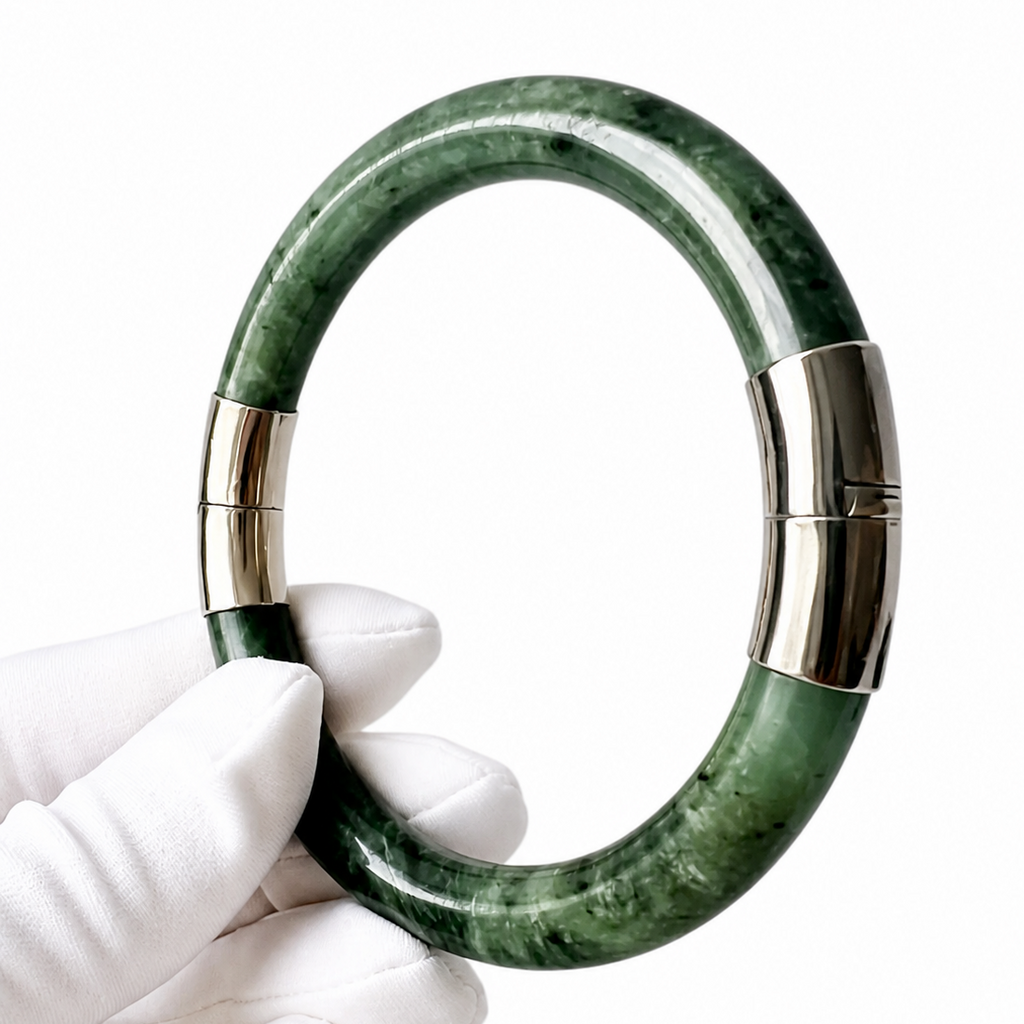 Vintage Nephrite Jade Bangle Bracelet With Silver Tone Caps.