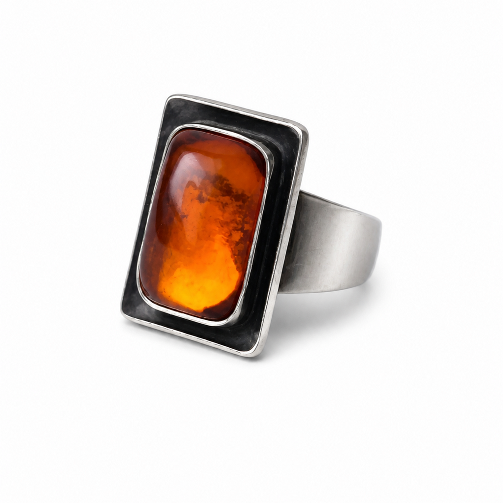 Vintage Baltic Amber Ring, Sterling Silver, Danish Modernist, Niels Erik From. UK size: M