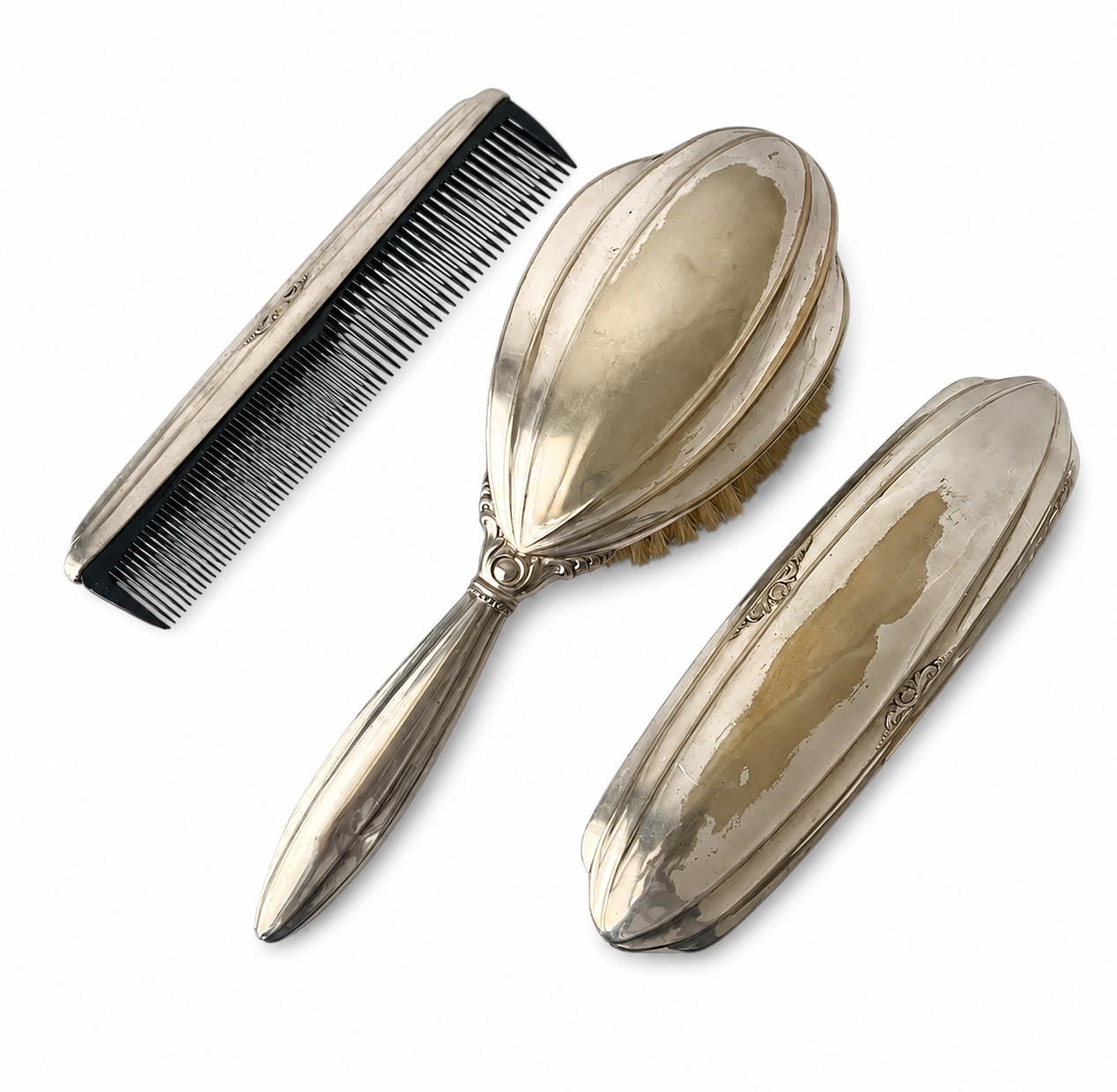 Vintage ELLDEE Silver Plated Vanity Set, Hair Brush Clothes Brush And Comb, French Dressing Table Set