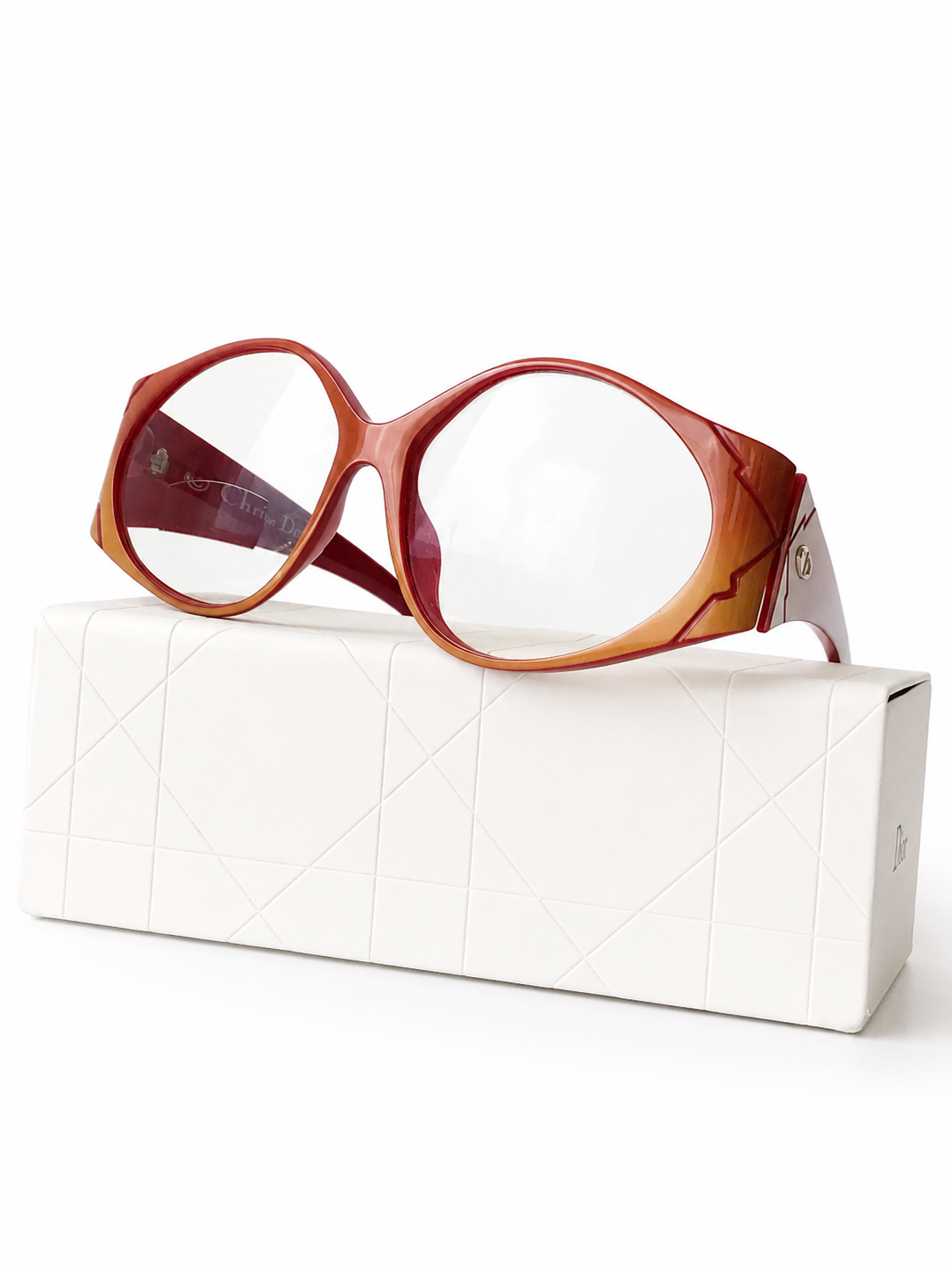 Vintage Christian Dior Glasses: Red & Brown Optyl Frame, Oversized Lens, Original Box