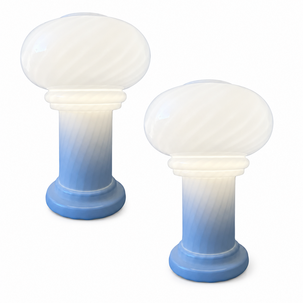Vintage Pair of West German Mushroom Table Lamps, Opal Swirl Glass, Mid Century Style.