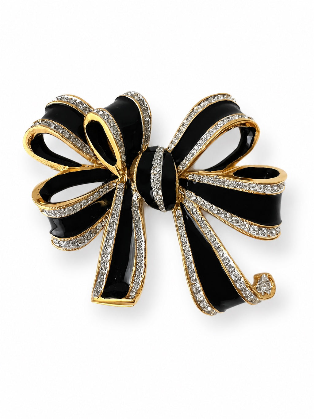 Vintage L’OFFICIEL Italy Black Enamel Bow Brooch Gold Tone Crystal Pin