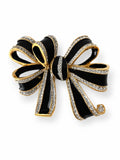 Vintage L’OFFICIEL Italy Black Enamel Bow Brooch Gold Tone Crystal Pin