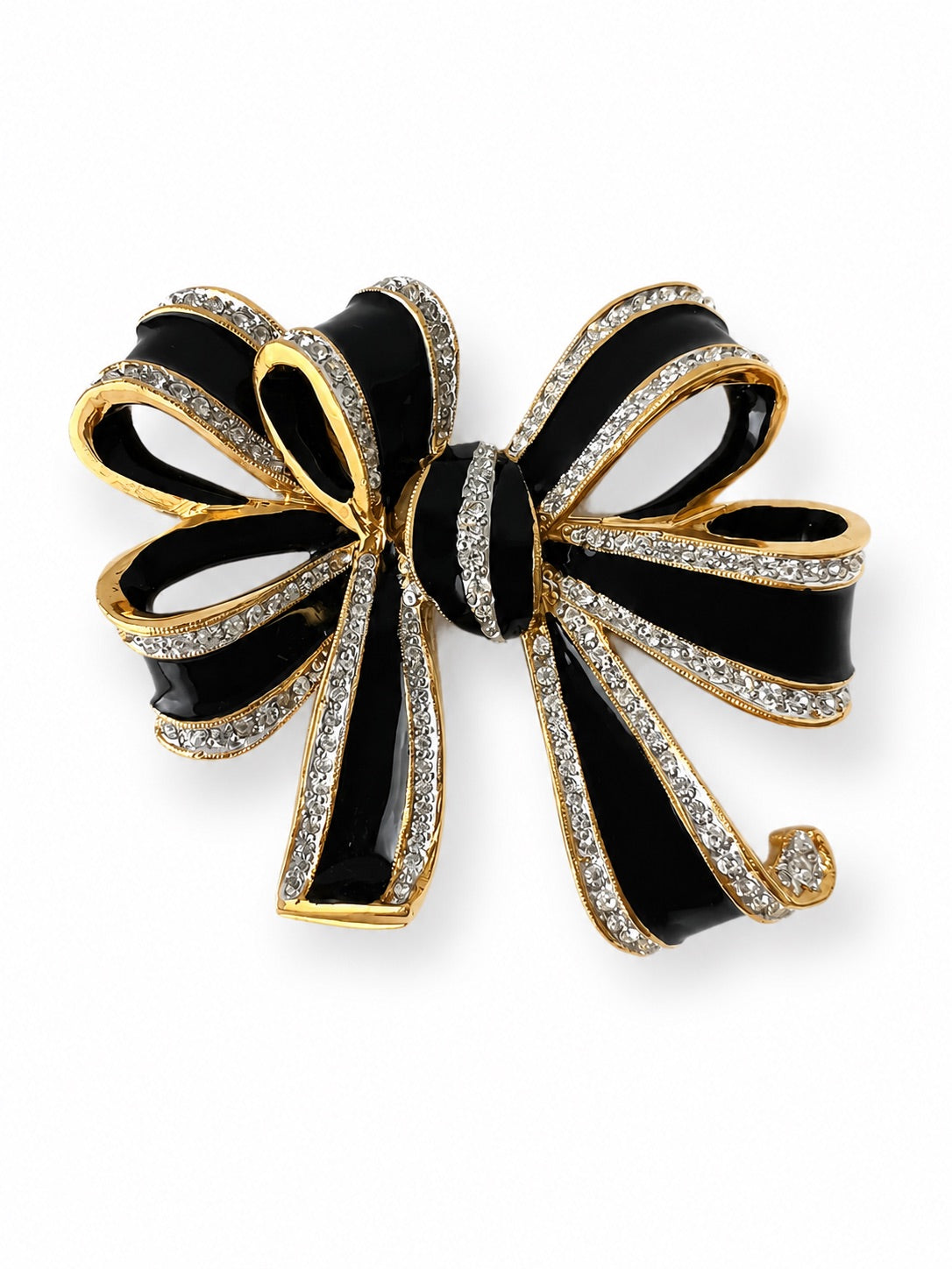 Vintage L’OFFICIEL Italy Black Enamel Bow Brooch Gold Tone Crystal Pin