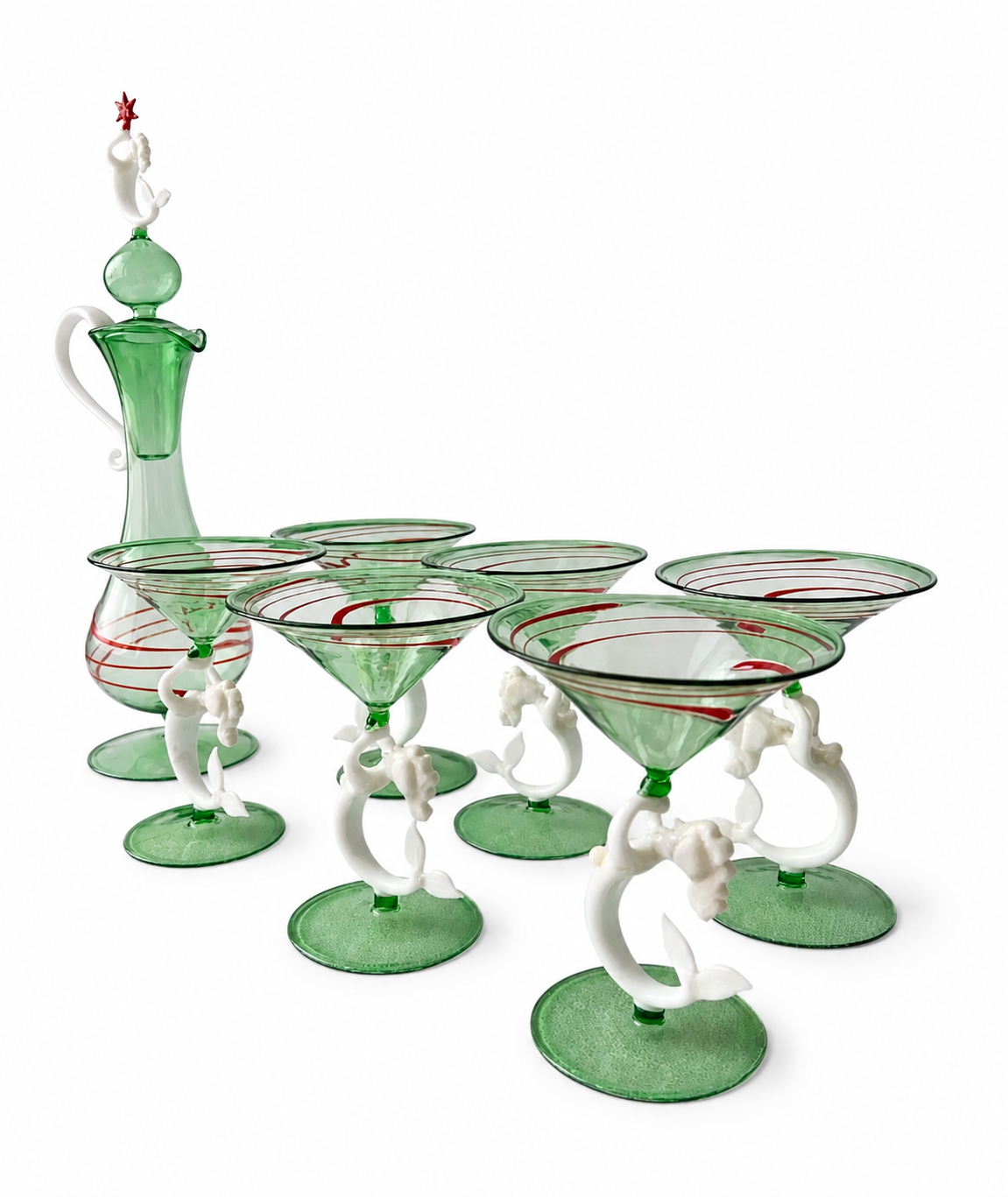 Lauscha Mermaid Glass Decanter Set, German Art Deco Green Glass Stemware, Circa 1900s