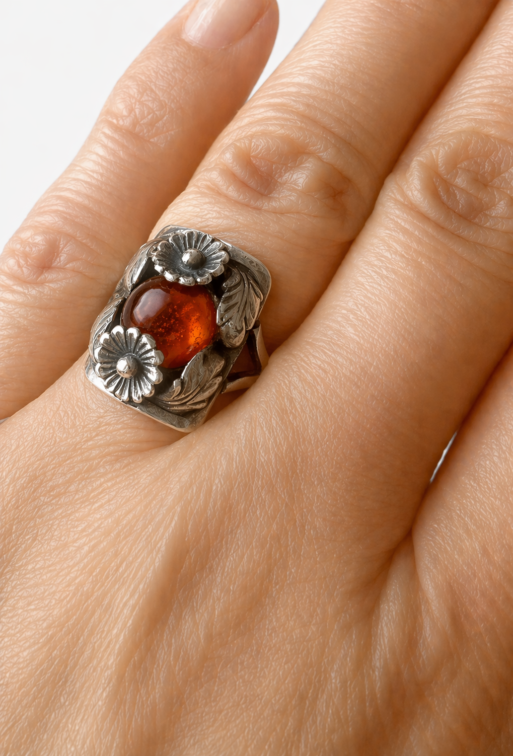 Vintage Baltic Amber Ring, Daisy Design, Sterling Silver, Danish Modernist, Niels Erik From. UK size: P 1/2