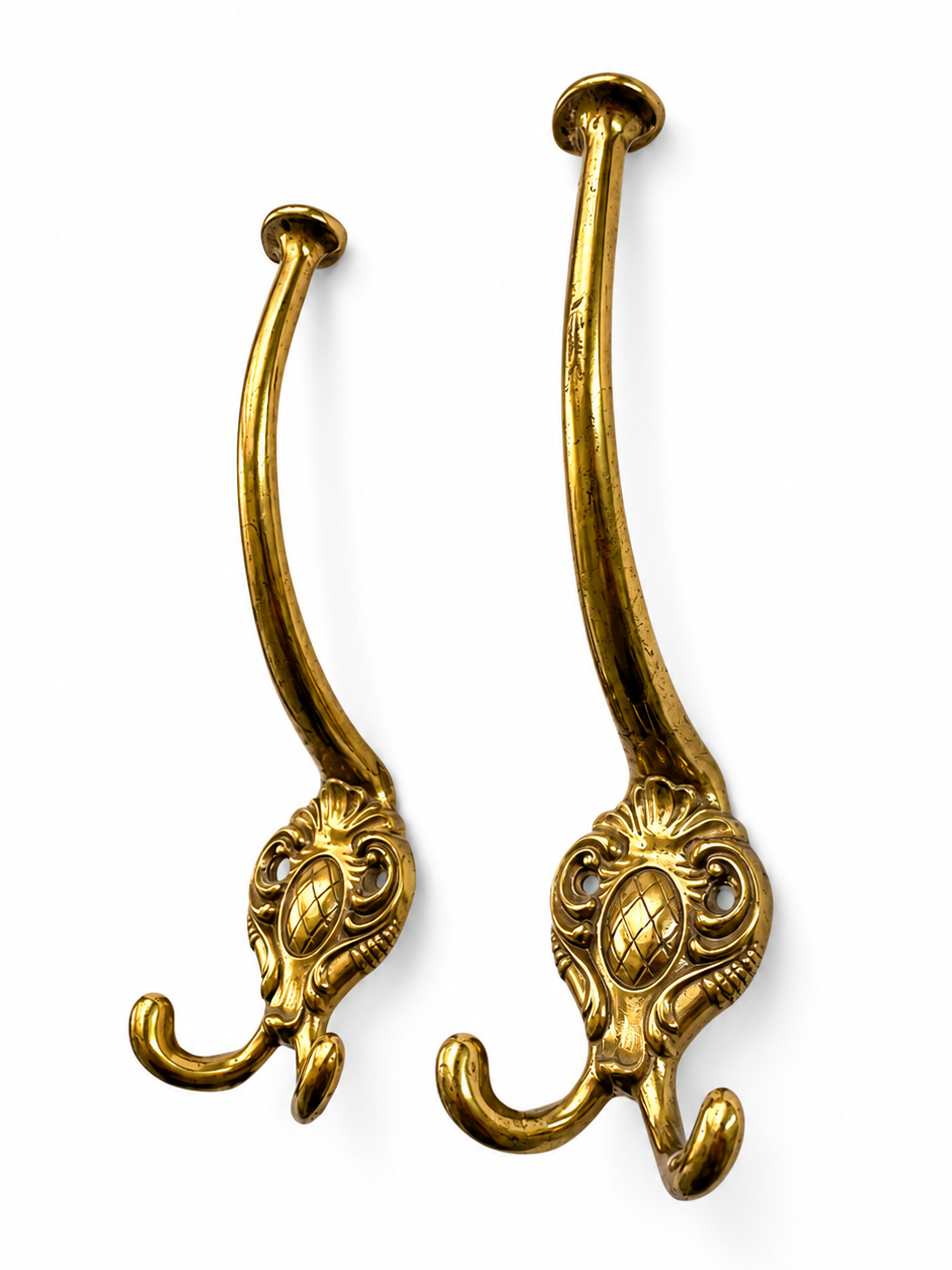Pair Vintage Double Brass Wall Hooks, Ornate Coat Hat Hangers