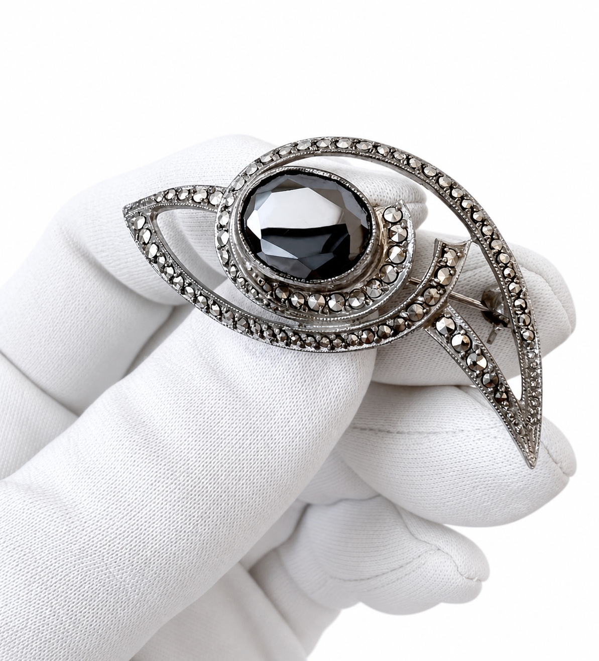 Antique Art Deco 800 Silver Marcasite Hematite Eye Brooch