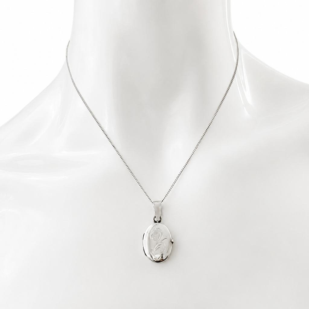 Vintage Silver Oval Locket Necklace. Engraved Keepsake Jewellery