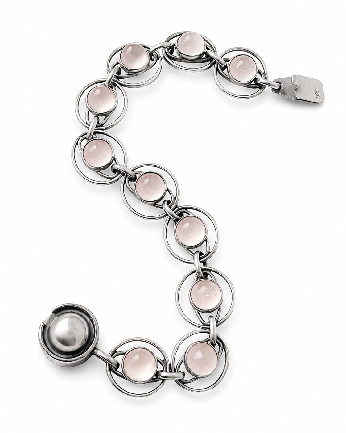 Vintage Danish 835 Silver Rose Quartz Bracelet, 1970s Scandinavian Modernist Link Bracelet
