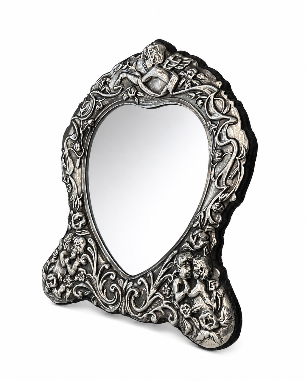 Vintage Carr’s Sheffield Sterling Silver Cherub Heart Table Mirror