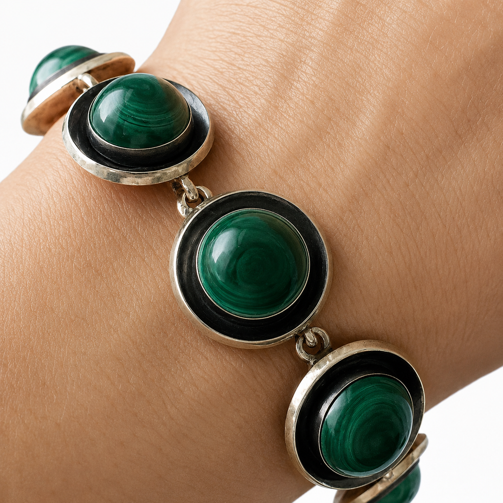 Vintage Malachite Bracelet, Sterling Silver, Danish Modernist, Niels Erik From