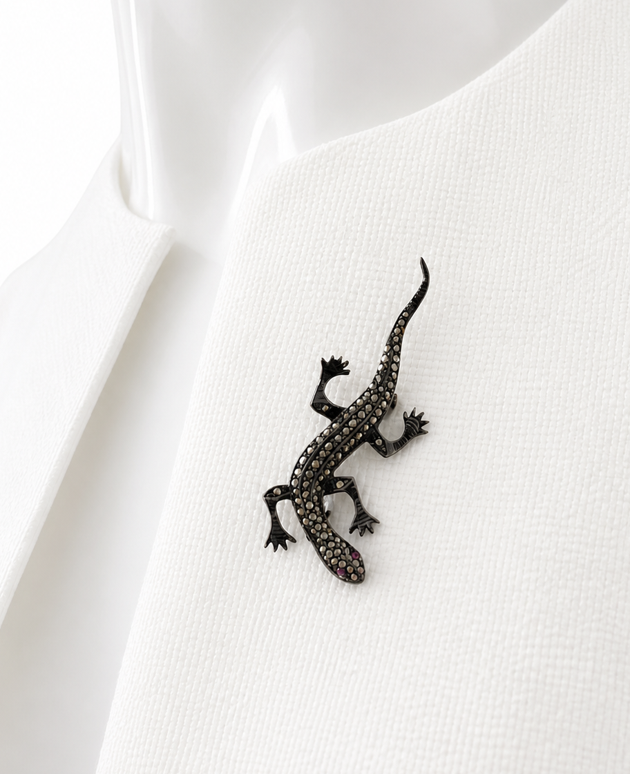 Vintage Silver Marcasite Lizard Brooch with Ruby Eyes.