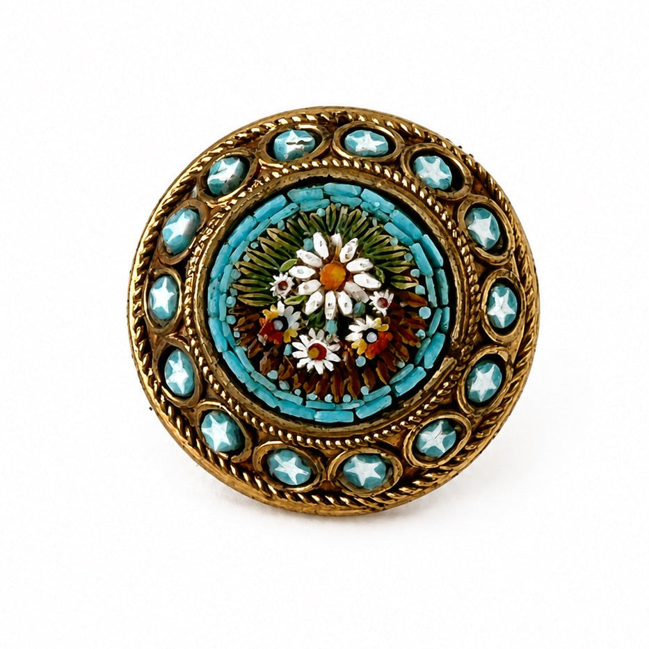 Antique Italian Micro Mosaic Brooch, Turquoise Floral Gilt Pin, Early 20th Century