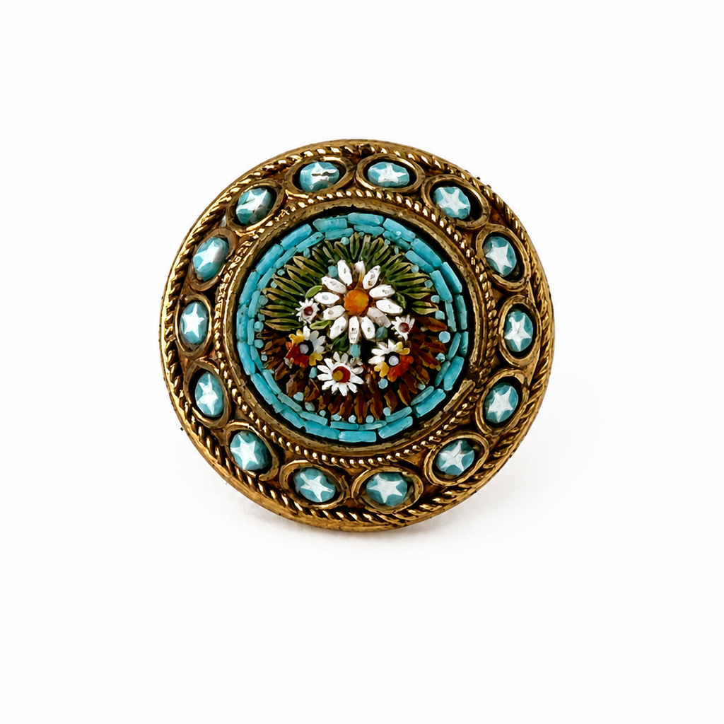 Antique Italian Micro Mosaic Brooch, Turquoise Floral Gilt Pin, Early 20th Century
