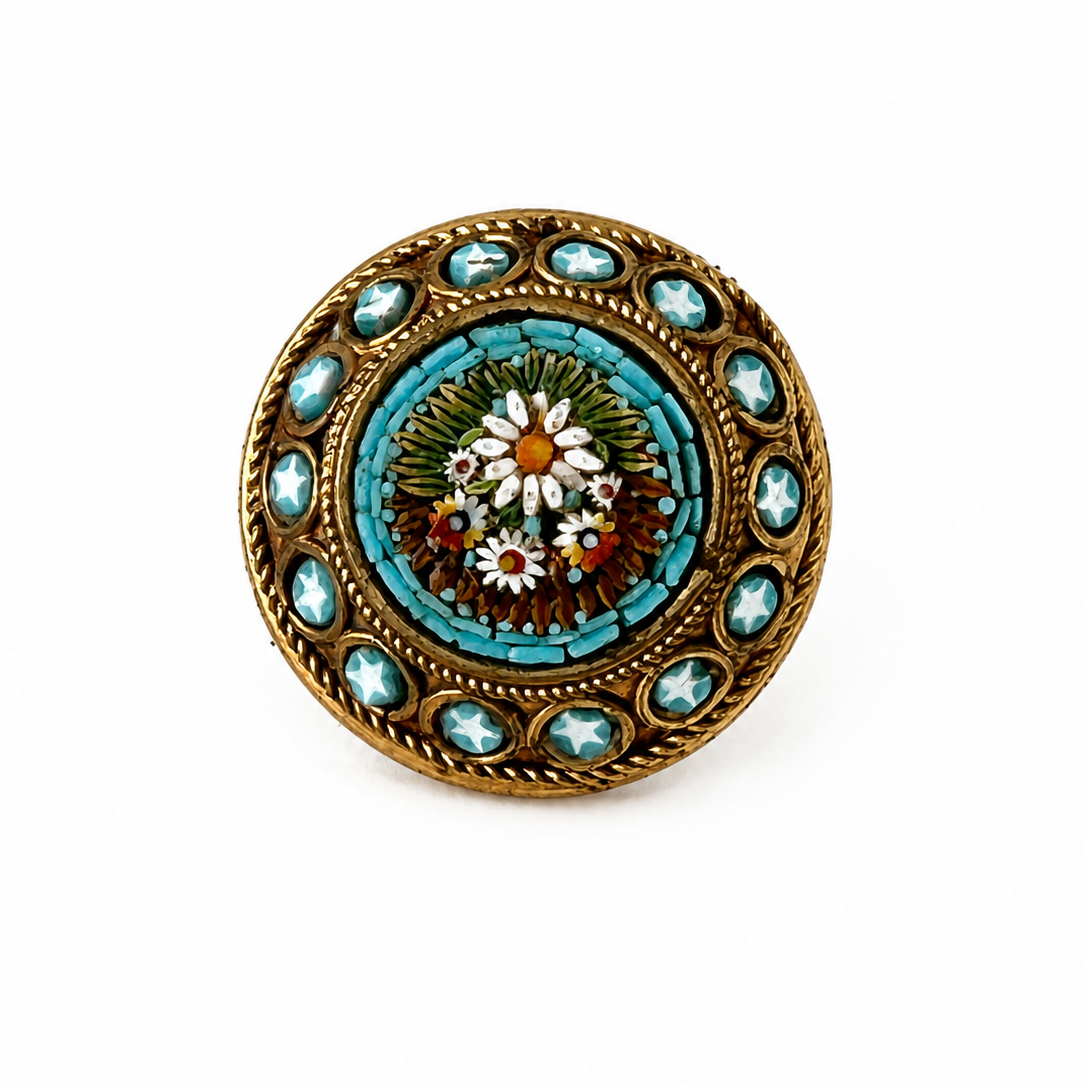 Antique Italian Micro Mosaic Brooch, Turquoise Floral Gilt Pin, Early 20th Century