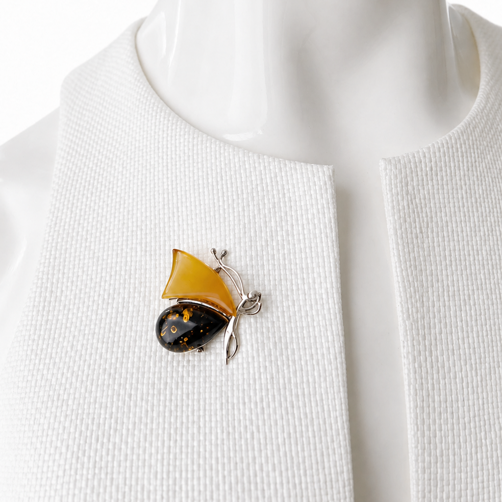 Vintage Butterfly Brooch Baltic Amber Silver