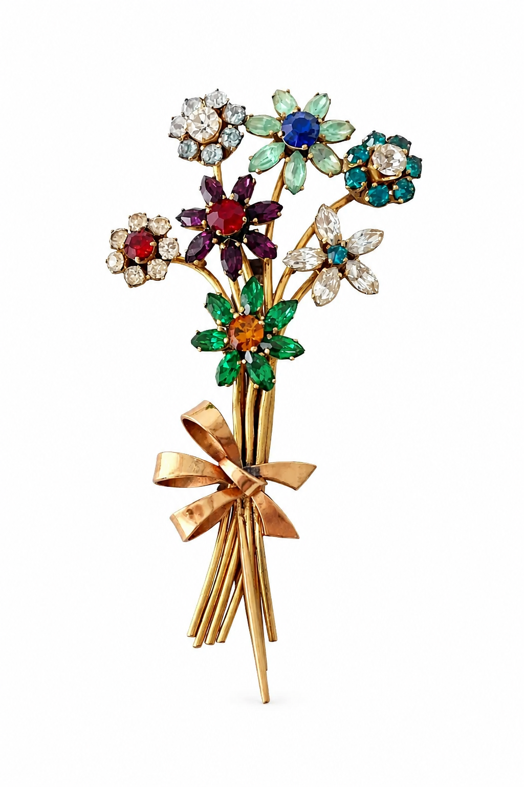 Art Deco Vintage Rhinestone Brooch – Floral Bouquet Pin with Trombone Clasp
