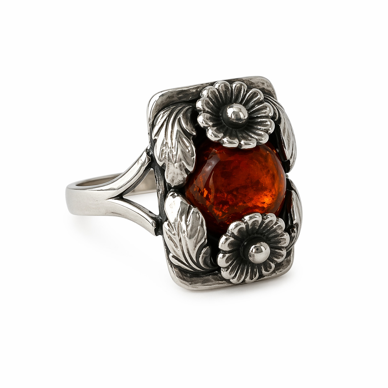 Vintage Baltic Amber Ring, Daisy Design, Sterling Silver, Danish Modernist, Niels Erik From. UK size: P 1/2