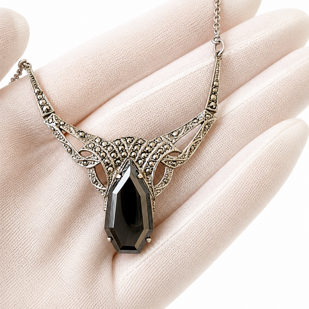 Antique Art Deco 800 Silver Marcasite Hematite Necklace 1920s