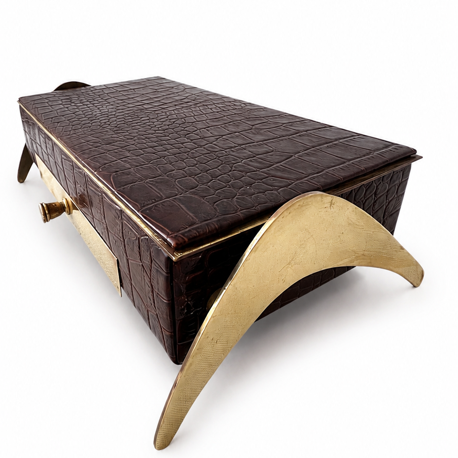 Vintage Brass and Wood Desk Box, Crocodile Effect Storage Box