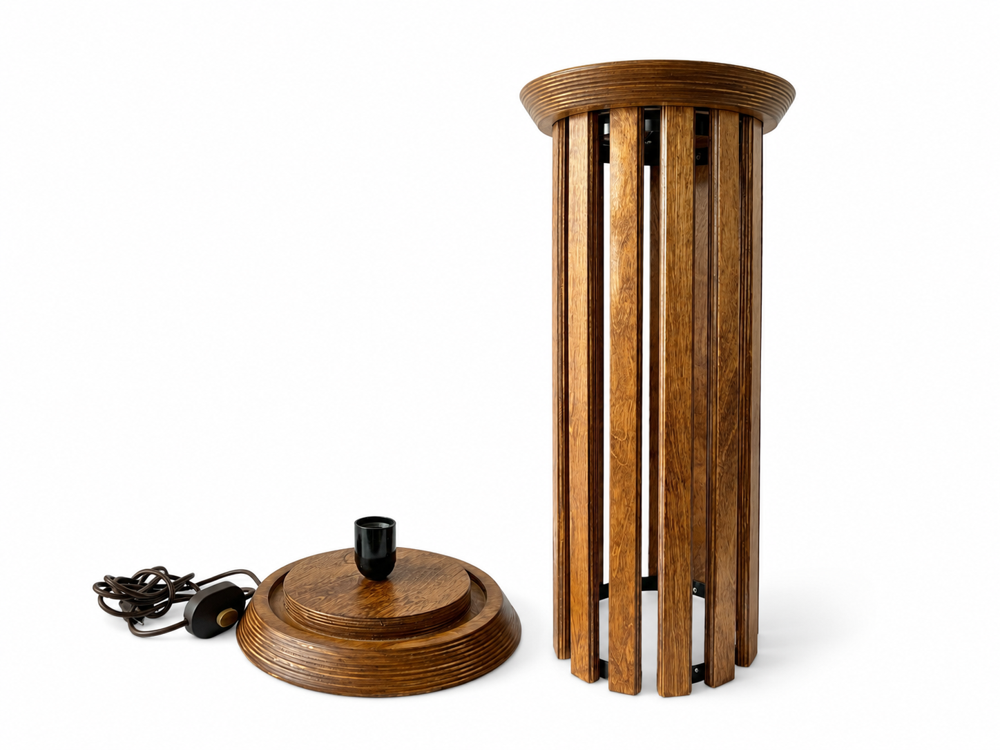 Vintage  Wooden Pedestal Floor Lamp, 1970s Slatted Side Table Lamp