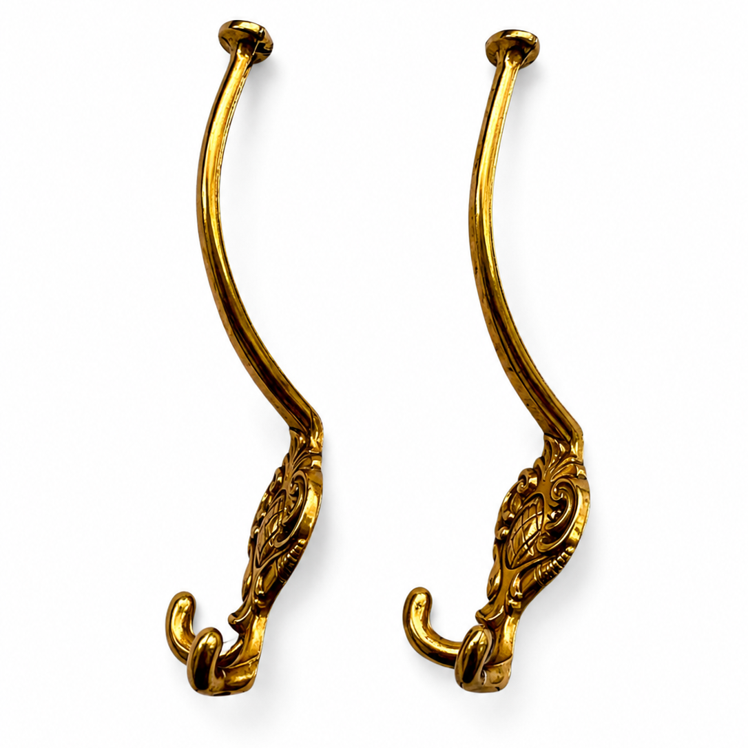 Pair Vintage Double Brass Wall Hooks, Ornate Coat Hat Hangers