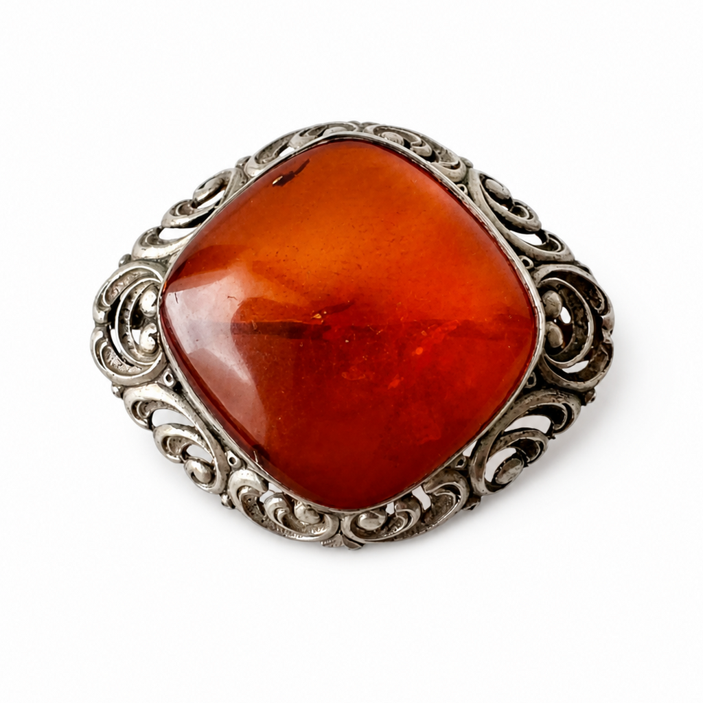 Antique Silver & Natural Amber Brooch. Ornate Art Nouveau Scrollwork.
