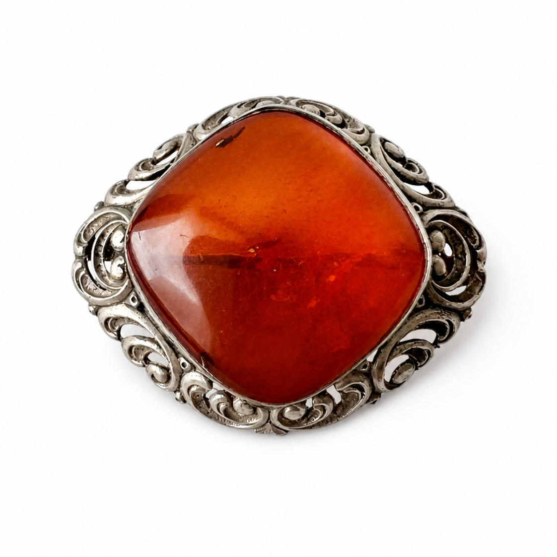 Antique Silver & Natural Amber Brooch. Ornate Art Nouveau Scrollwork.