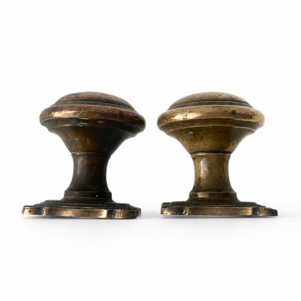 Antique Cast Brass Door Knobs Pair, Heavy Round Handles, Square Backplates
