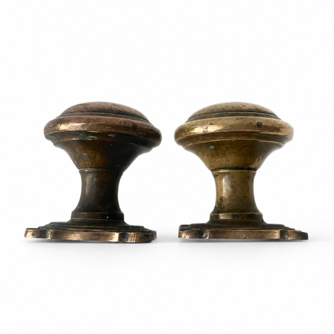 Antique Cast Brass Door Knobs Pair, Heavy Round Handles, Square Backplates
