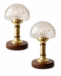Vintage Helena Tynell Style Bubble Glass Table Lamps, Temde Brass Wood Pair